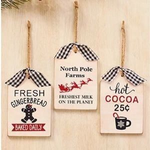 Farmhouse 3 Set White Tags Wooden Buffalo plaid ribbon Black White Hang